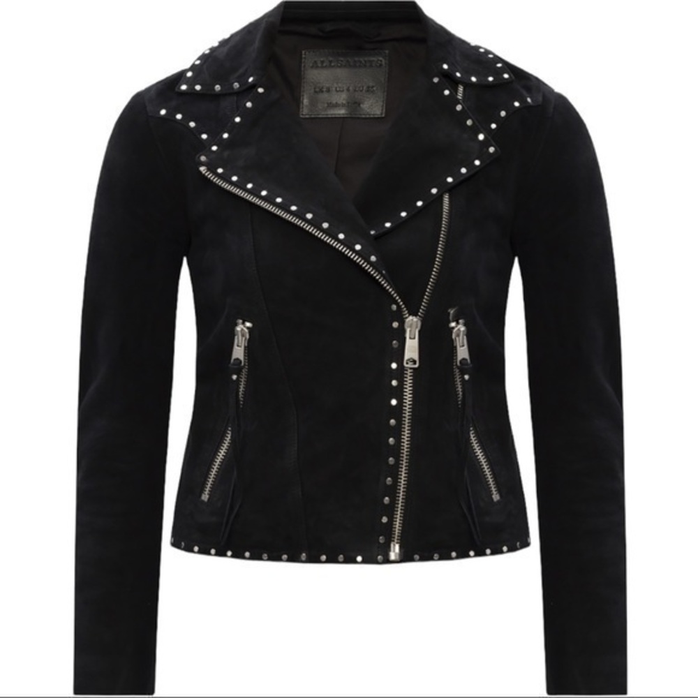 ALL SAINTS Black Darby Western Biker Studded Suede Jacket Size 6 NWT